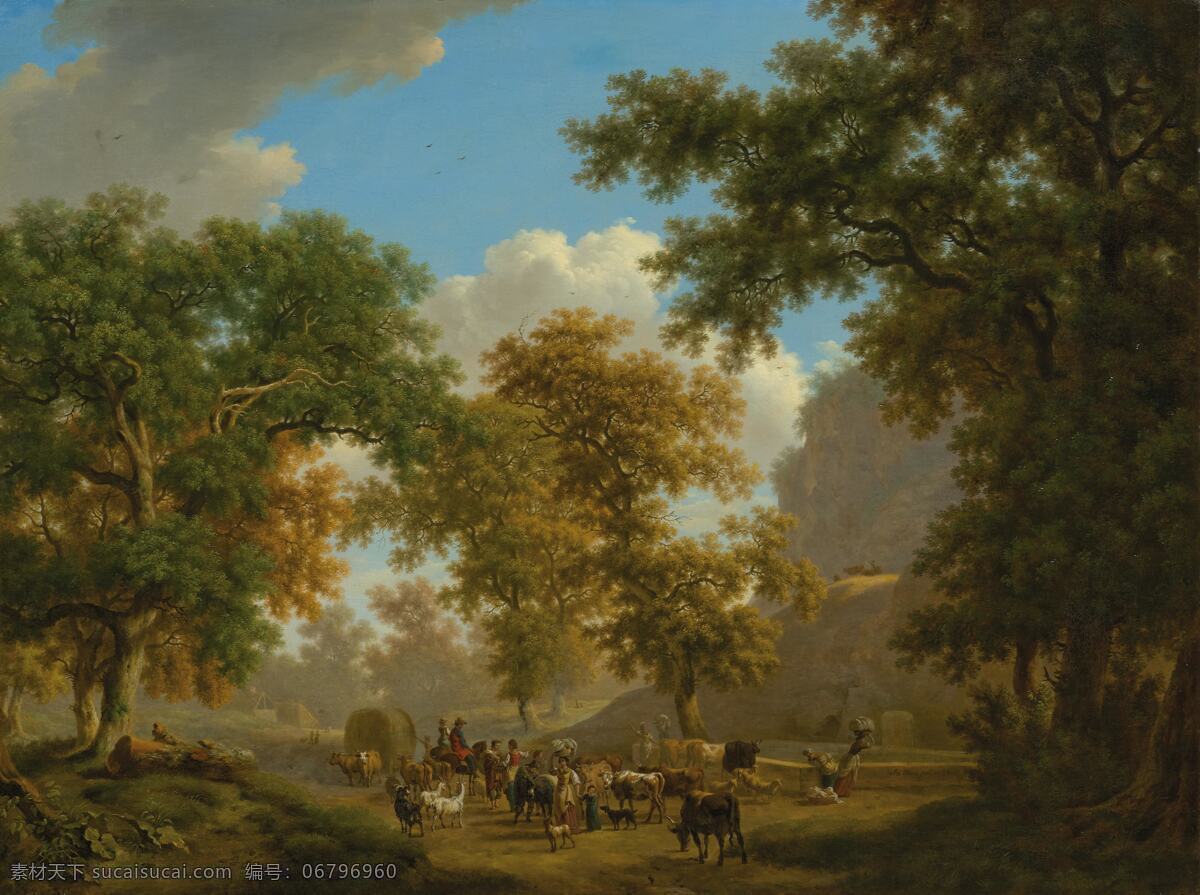 乡间 树林 土坡 人们 运送物资 19世纪油画 油画 文化艺术 绘画书法