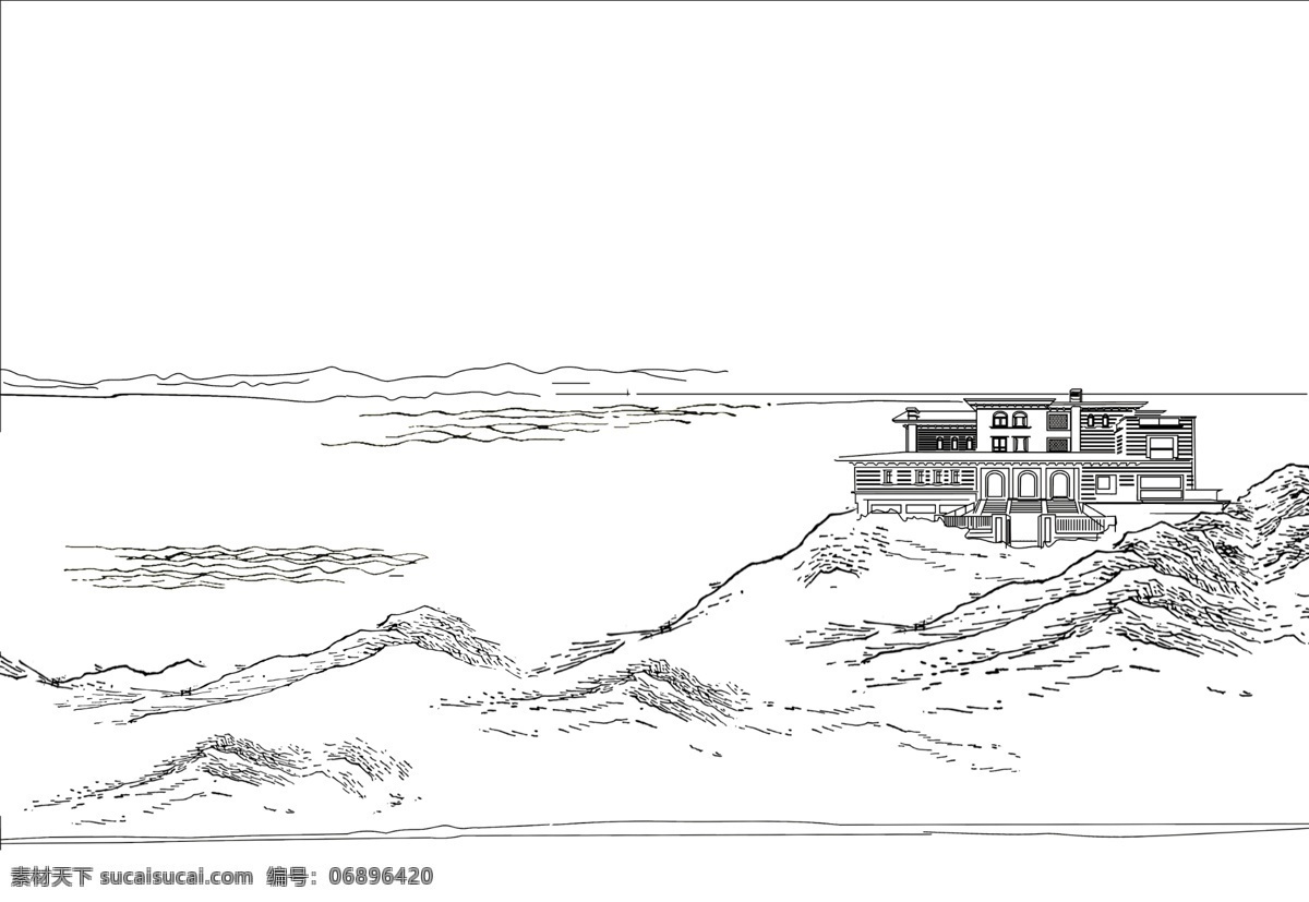 山水房子 线描图 线描山水 房子 风景 分层 源文件