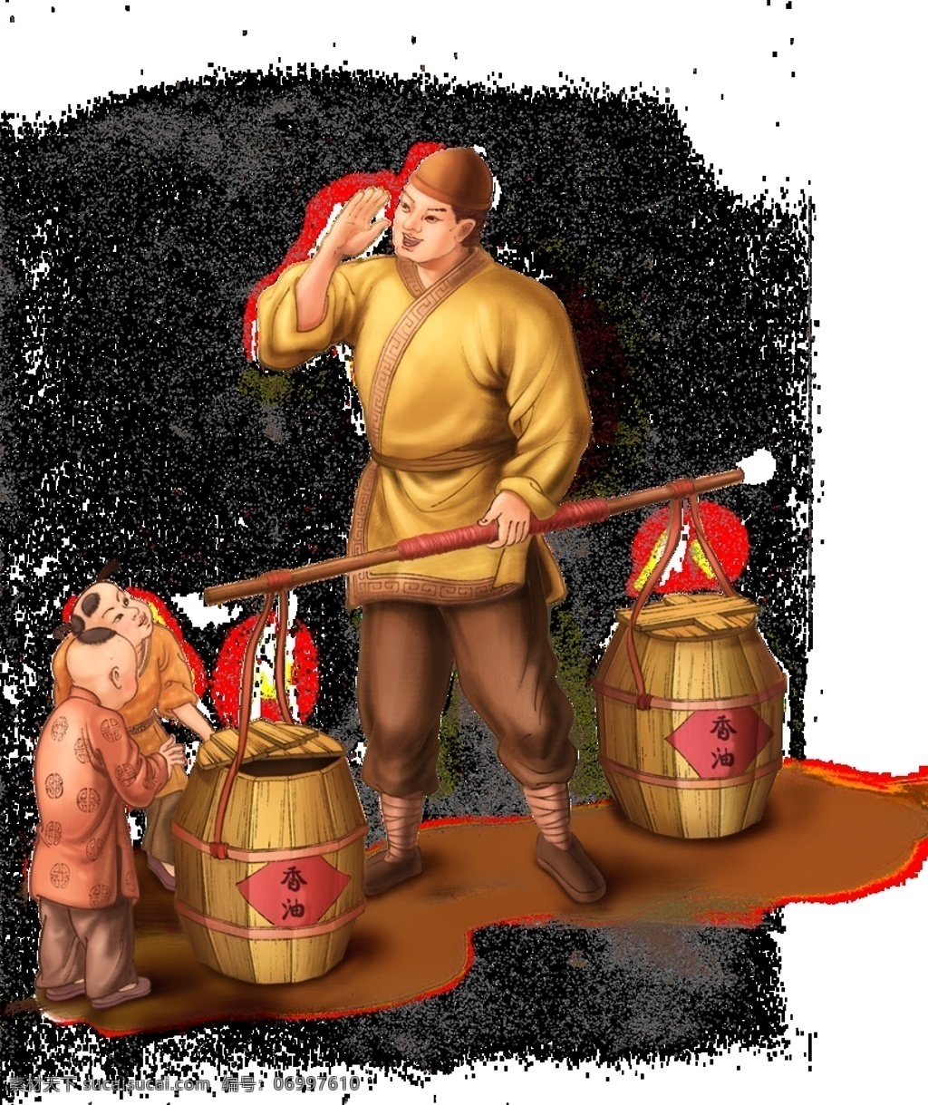 高清 免 扣 卖 油 郎 插画 免扣 商贩 豆油 金龙鱼 胡姬花 福临门 花生油 卖油郎 卖油 花生油海报 分层 分层素材 素材组