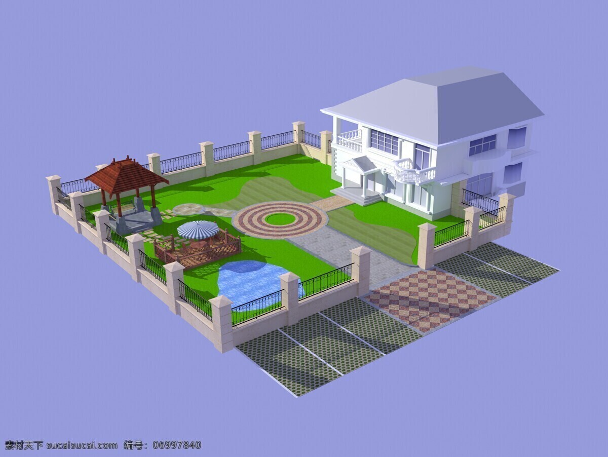 别墅 门前 庭院 3d设计 凉亭 平台 室外模型 3d模型素材 建筑模型