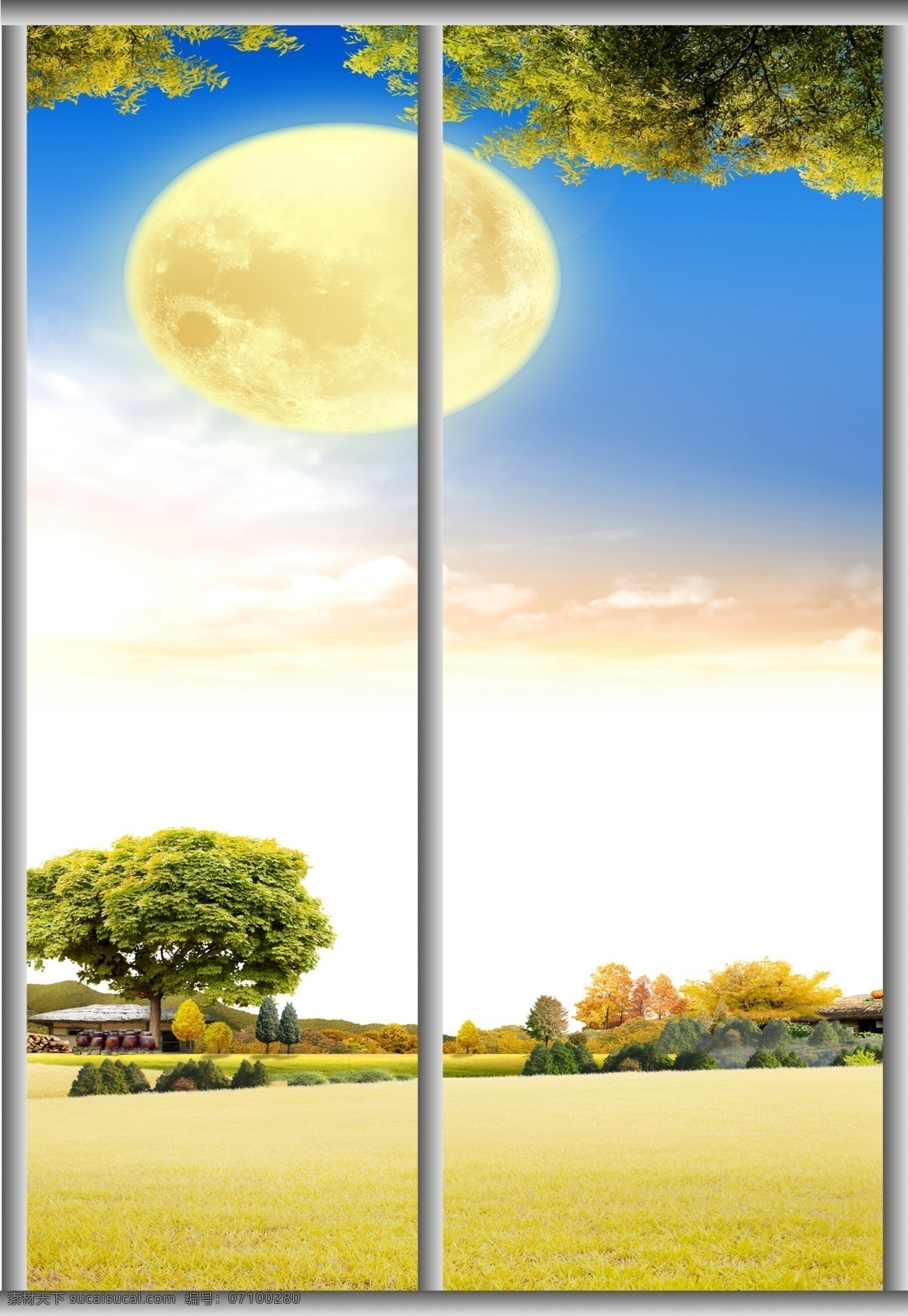 移门 蓝天白云 云彩 花 房屋 星 卡通移门 背景 高清 春天 树 月亮 移门图案 广告设计模板 源文件