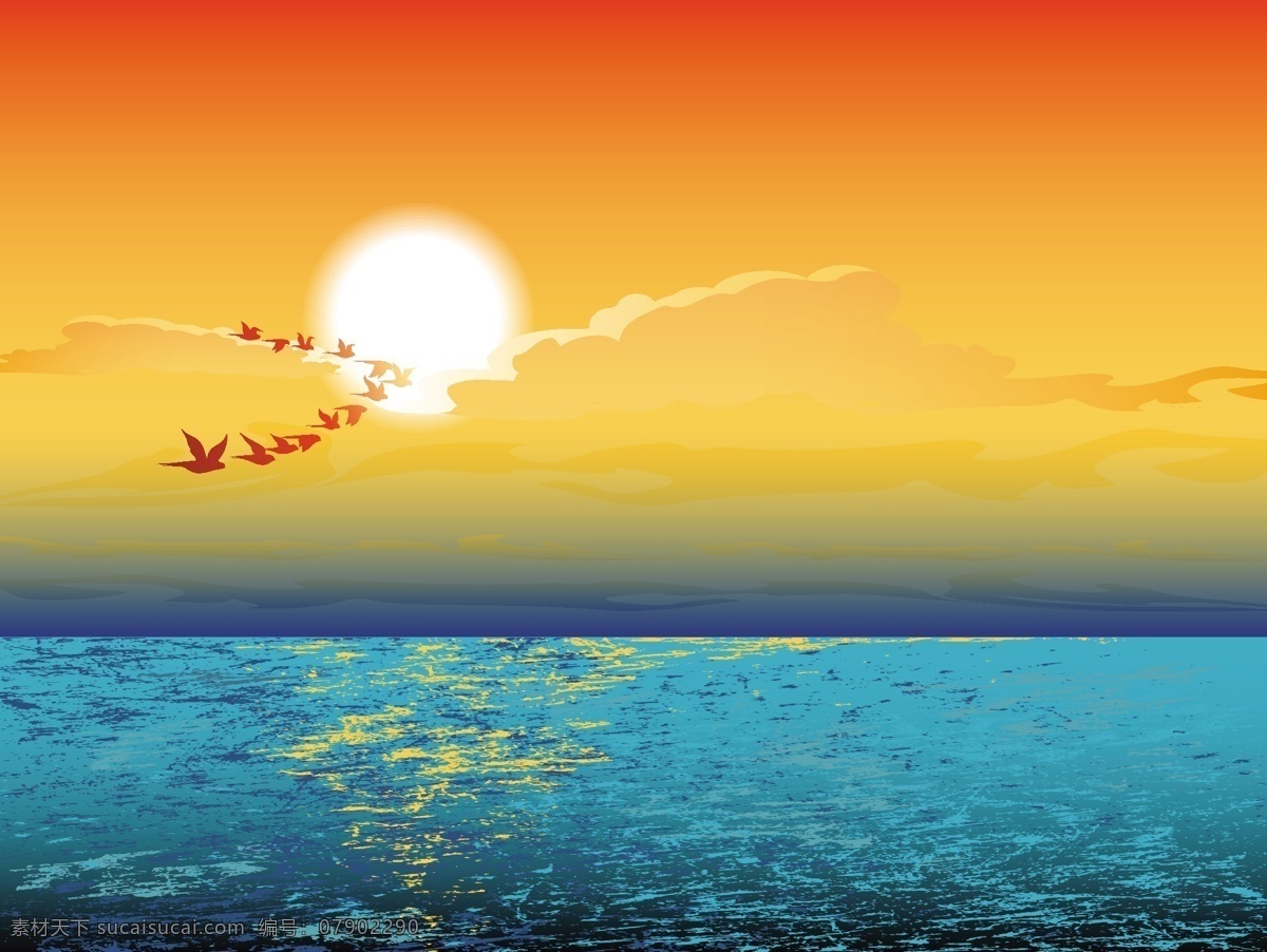 夏日 海面 上 飞行 燕子 矢量 夏日主题 大海 太阳 鸟 天空 白云 矢量素材 自然风光 空间环境 橙色