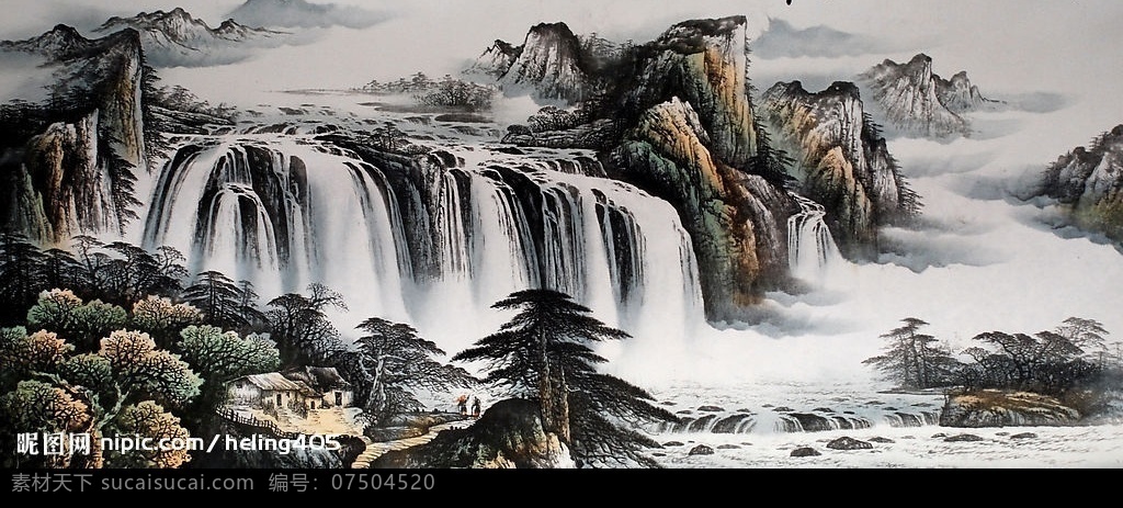 江山如此多娇 山水 山水画 瀑布 艺术绘画 文化艺术 绘画书法 设计图库