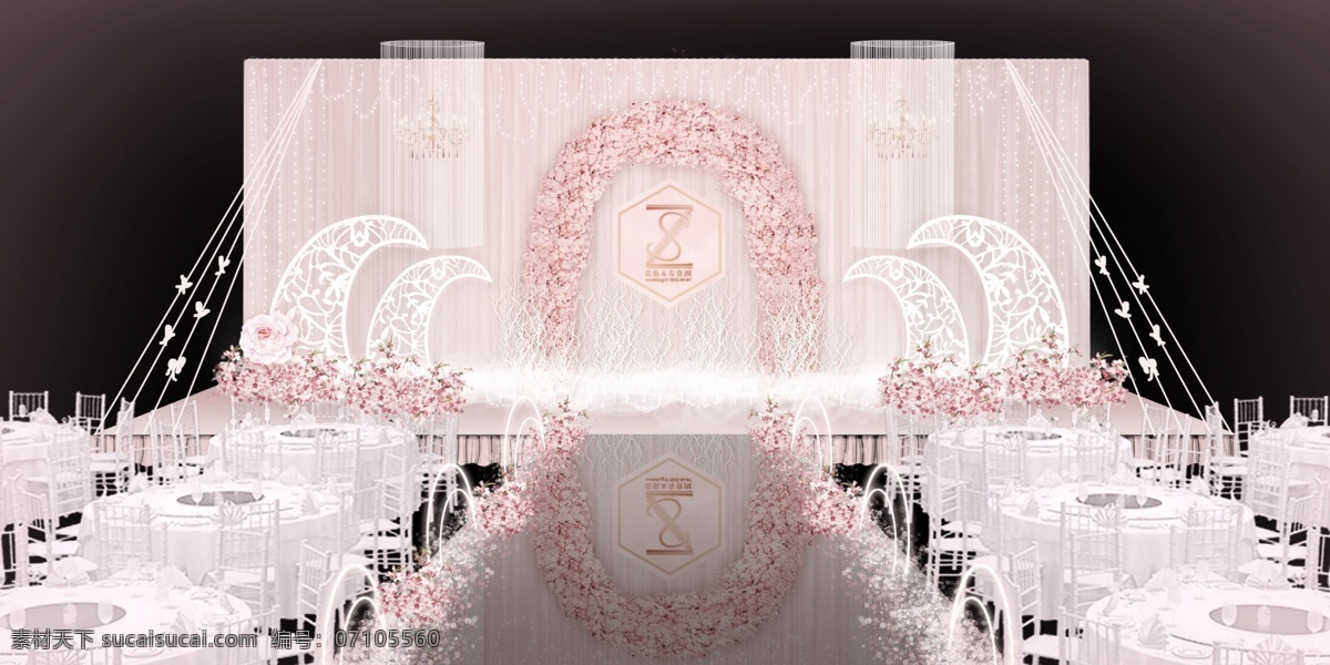 粉色 线 帘 鲜花 拱门 婚礼 主 舞台 效果图 唯美 清新 丝带 蝴蝶 线帘 t台 路引 粉色布幔 小米灯 水晶灯