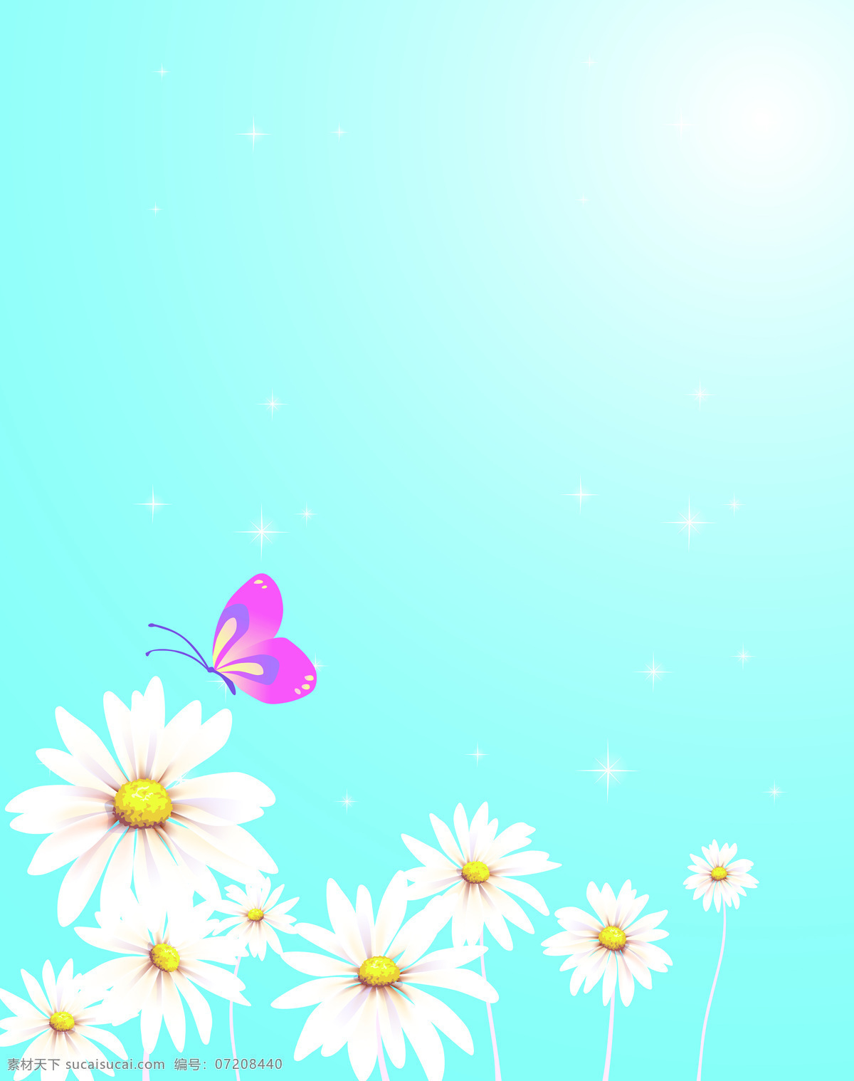 清新 小雏 菊花 朵 背景 手绘 阳光 蓝天 白色 小雏菊 紫色 蝴蝶 唯美