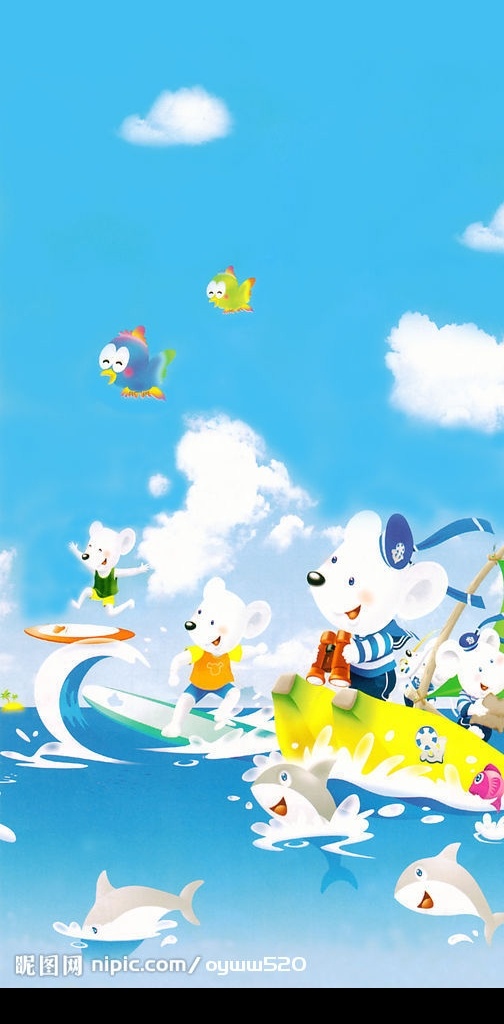 海洋世界 卡通 鸟 鱼 海豚 熊 鲨鱼 海浪 动漫动画 动漫人物 设计图库