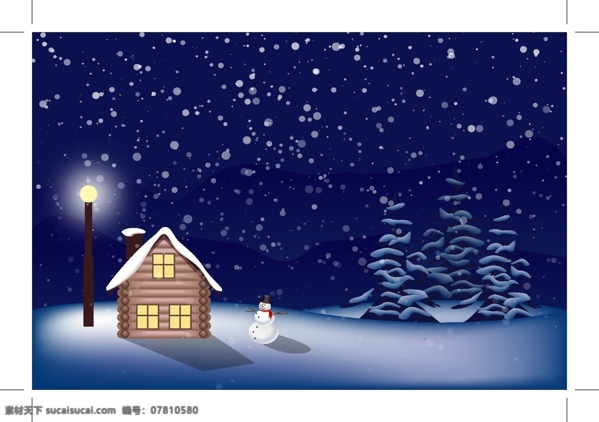 卡通 雪夜 插画 矢量 圣诞节 雪花 夜晚 小木屋 路灯 雪人 松竹 风景 冬季 矢量图 蓝色