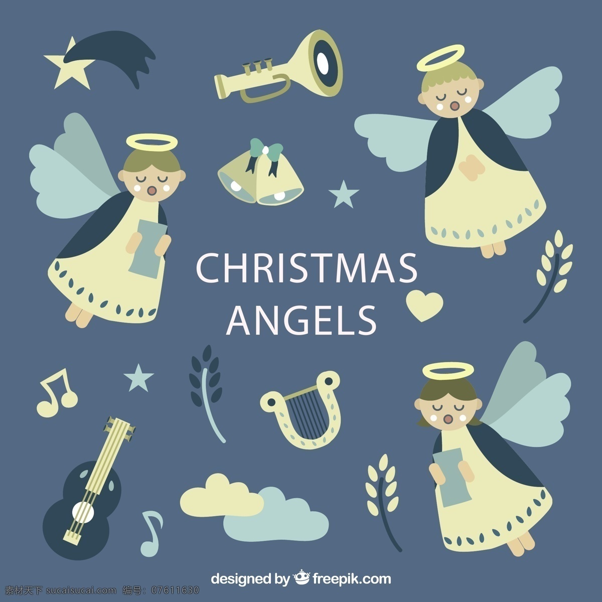 圣诞节 天使 矢量 铃铛 音符 星星 竖琴 高清图片