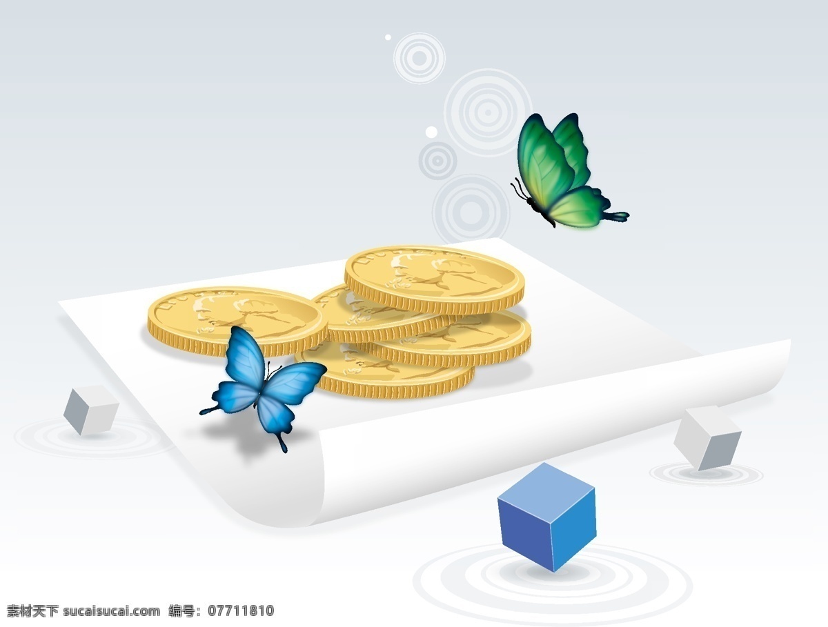 金融贸易 金融货币 商务概念 商务素材 蝴蝶 金币 现代商务 商务金融 矢量素材 白色