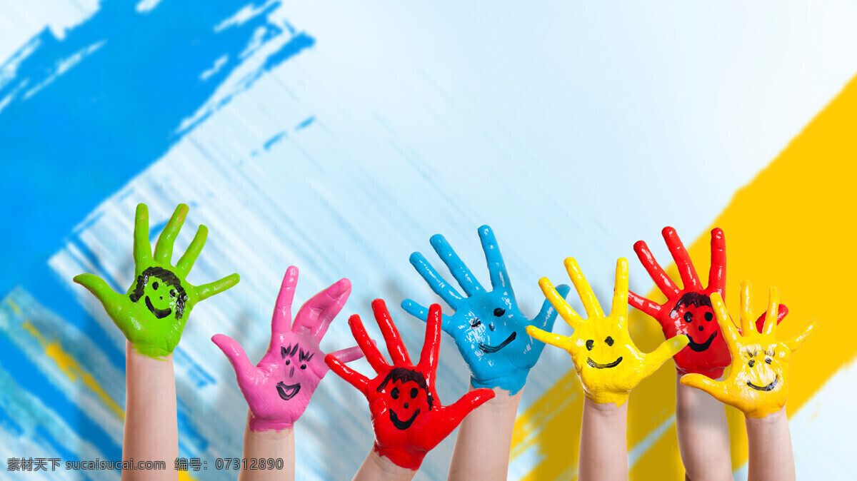 油漆 手掌 笑脸 儿童 彩色 涂料 红色 绿色 蓝色 黄色 创意 行为艺术 儿童幼儿 人物图库