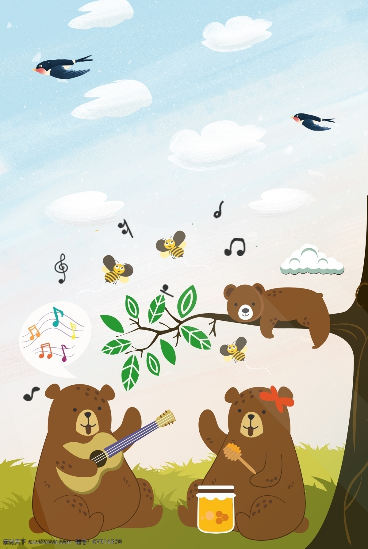 卡通 音乐 熊 海报 背景 小熊 弹吉他 吉他 打鼓 鼓 燕子 蓝天 白云 树 音符