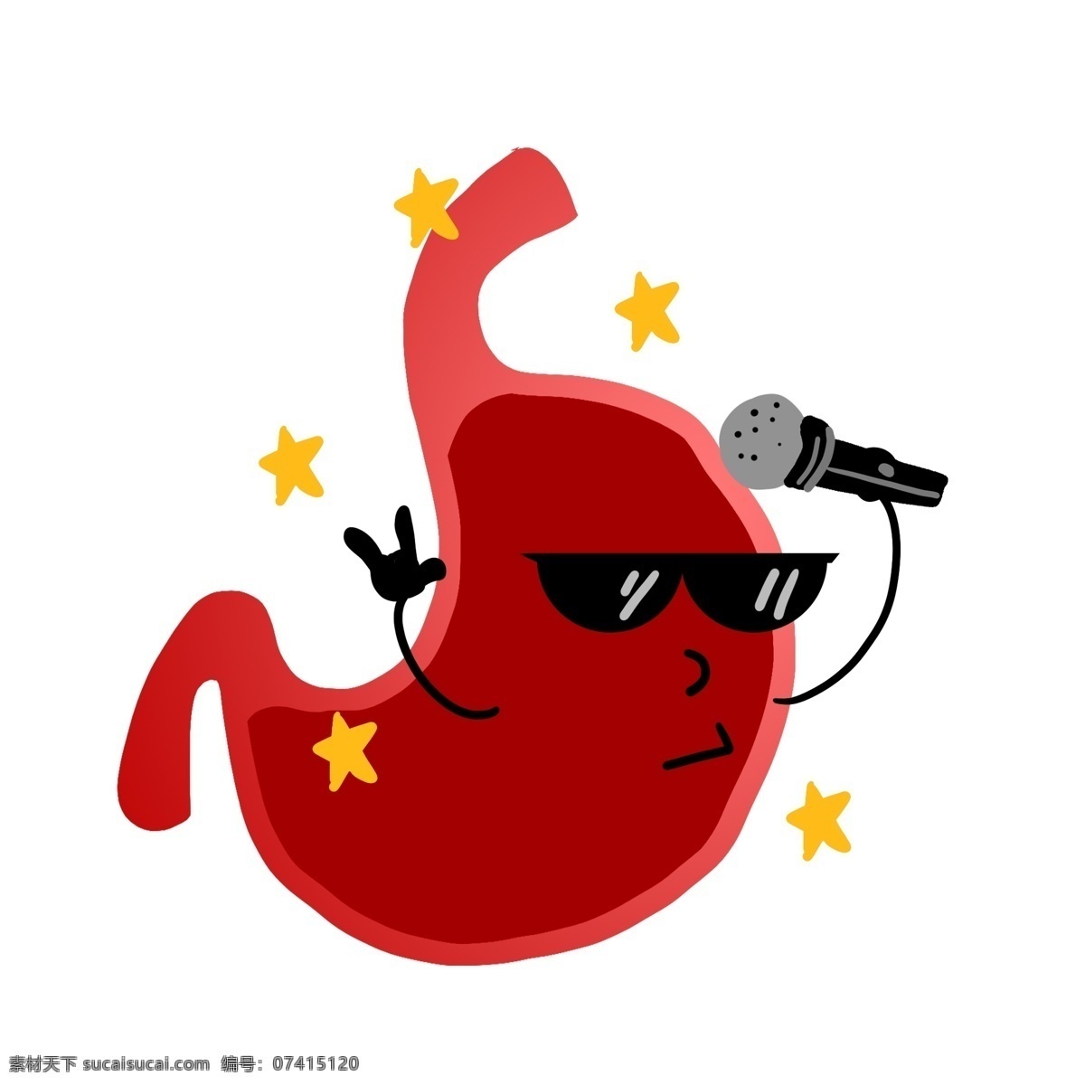 人体 器官 红色 胃 插图 黑色眼镜 红色麦克风 黄色星星装饰 人体器官 消化器官 红色的胃 健康的胃