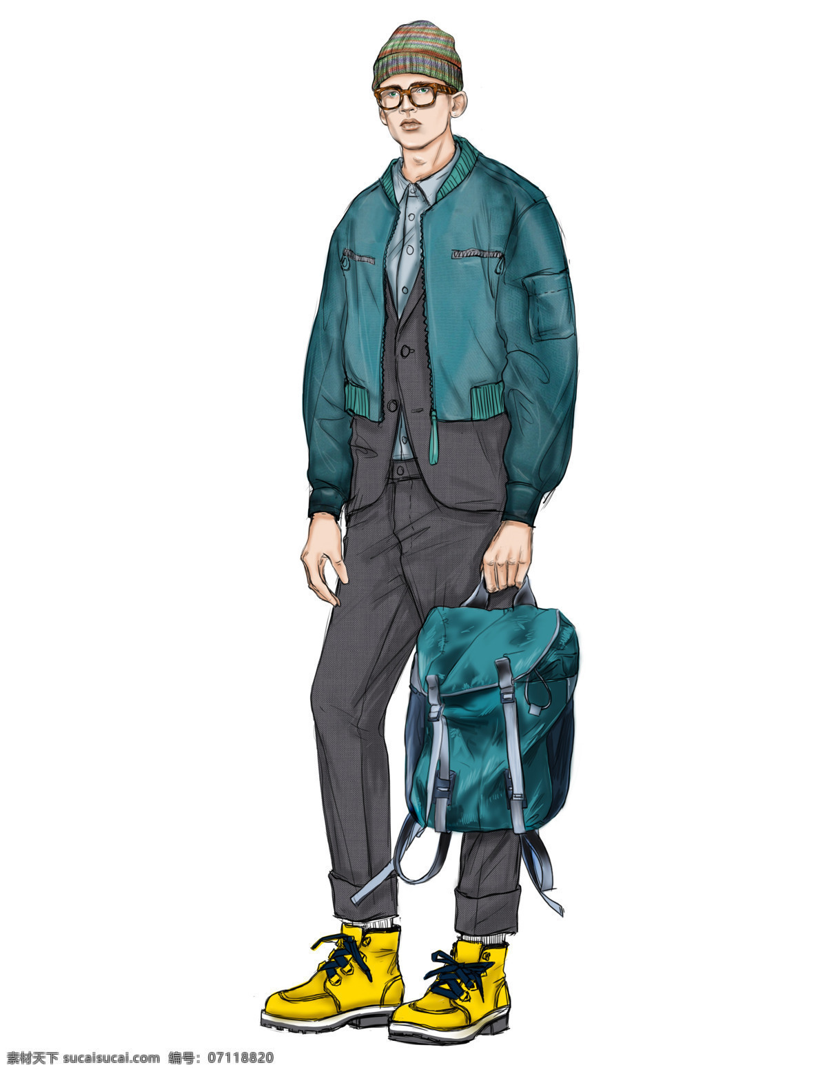 时尚休闲 蓝绿色 外套 男装 效果图 服装设计 黄色鞋子 男装效果图 时尚男装