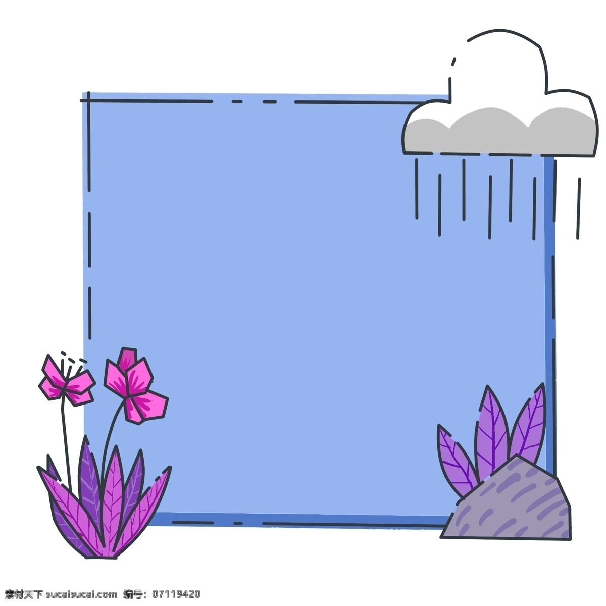 手绘 紫色 植物 边框 蓝色边框 下雨图标 花朵边框 植物边框 紫色植物边框 紫色植物 小花