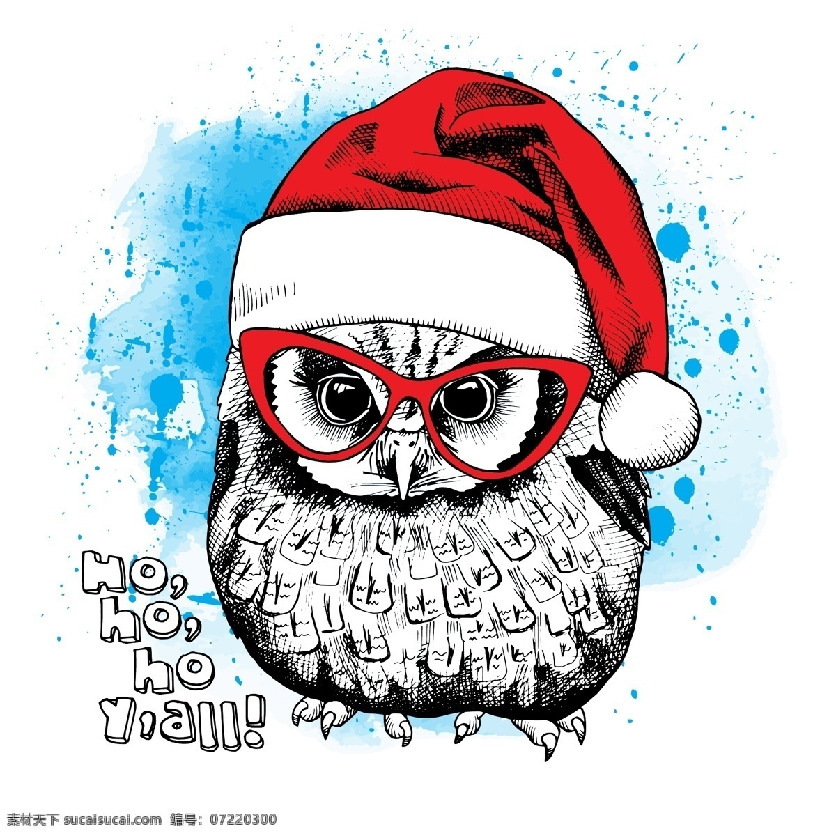 趣味 卡通 可爱 猫头鹰 插画 动物 手绘 圣诞帽