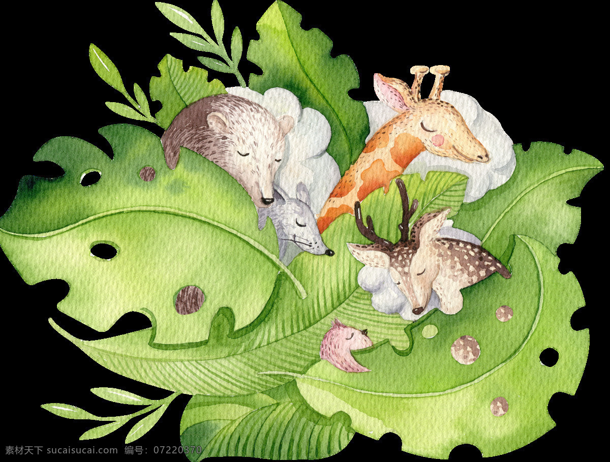 手绘 躺 叶子 上 小 动物 透明 长劲鹿 绿色 梅花鹿 免扣素材 热带叶子 透明素材 装饰图案
