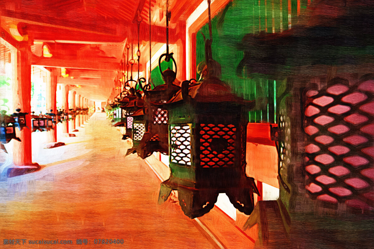 春日大社回廊 绘画版 回廊 绘画 工艺灯 阳光 走廊 人文景观 旅游摄影