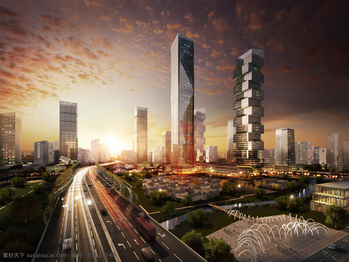 建筑设计 城市黄昏 商业圈 城市设计 商圈 摩天轮 环境设计 效果图