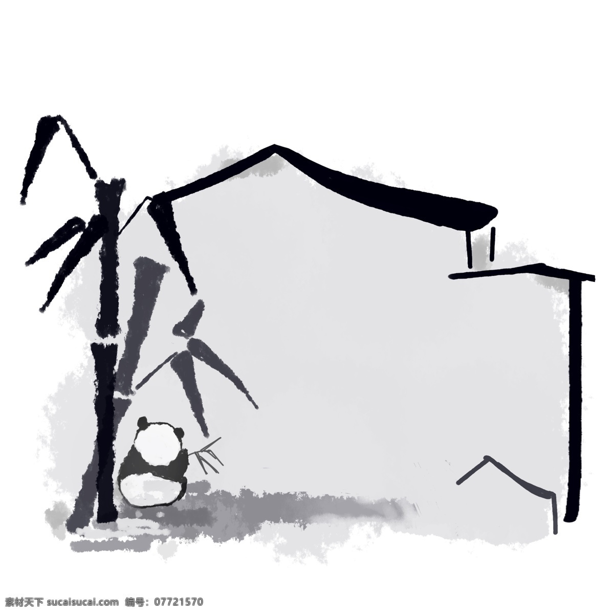 竹子 水墨画 江南 屋檐 熊猫 古风 边框 国画 黑白 毛笔 元素 免抠