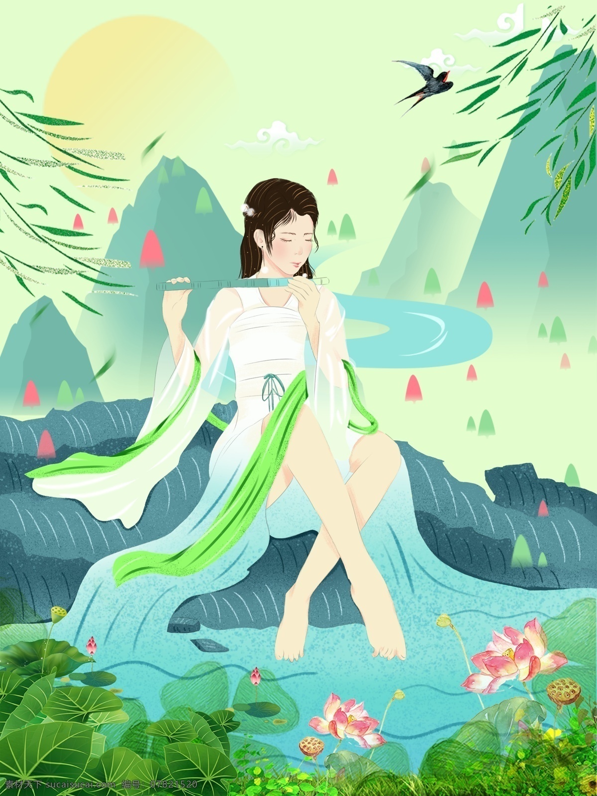 气韵 女神 二十四节气 春分 林间 古装 女孩 插画 壁纸 绿色 小清新 背景
