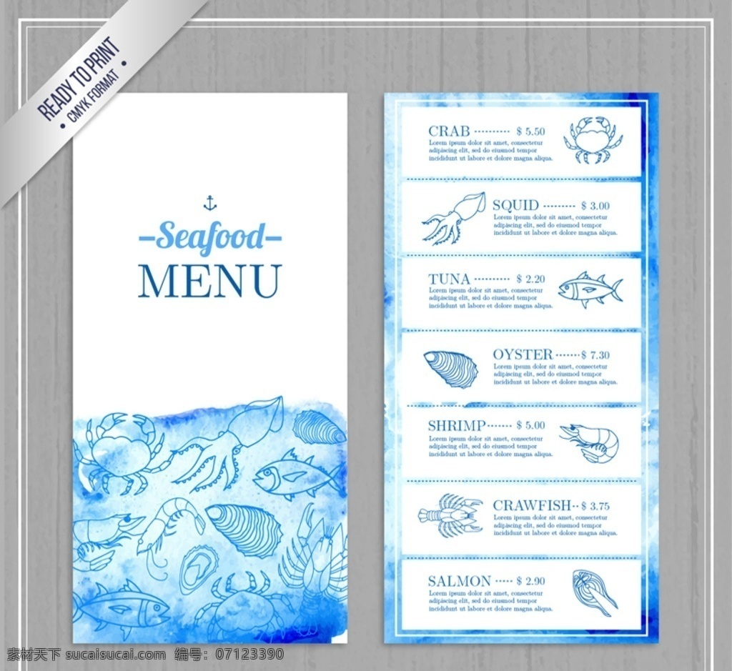 彩绘 蓝色 海鲜 店 菜单 鱿鱼 螃蟹 海螺 扇贝 鱼 龙虾 餐饮 虾 餐厅 海鲜店 木纹 矢量图 海报共享