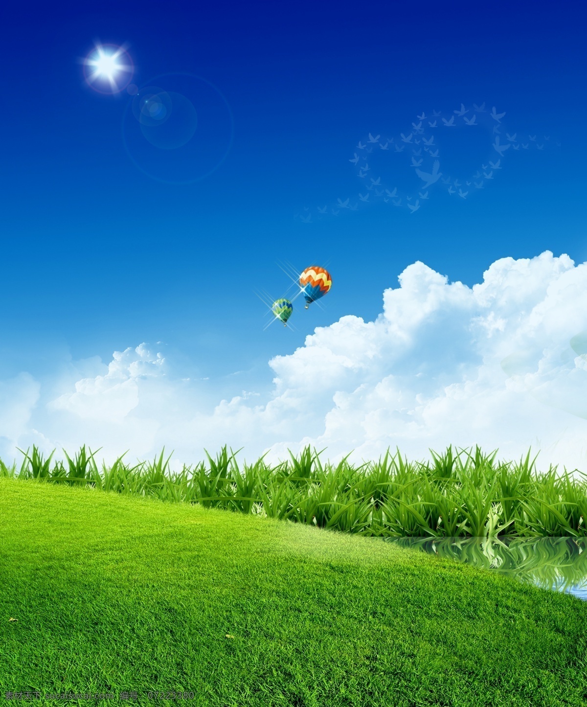 蓝天白云 蓝天 白云 商务 电子 热气球 草地 天空 广告设计模板 源文件
