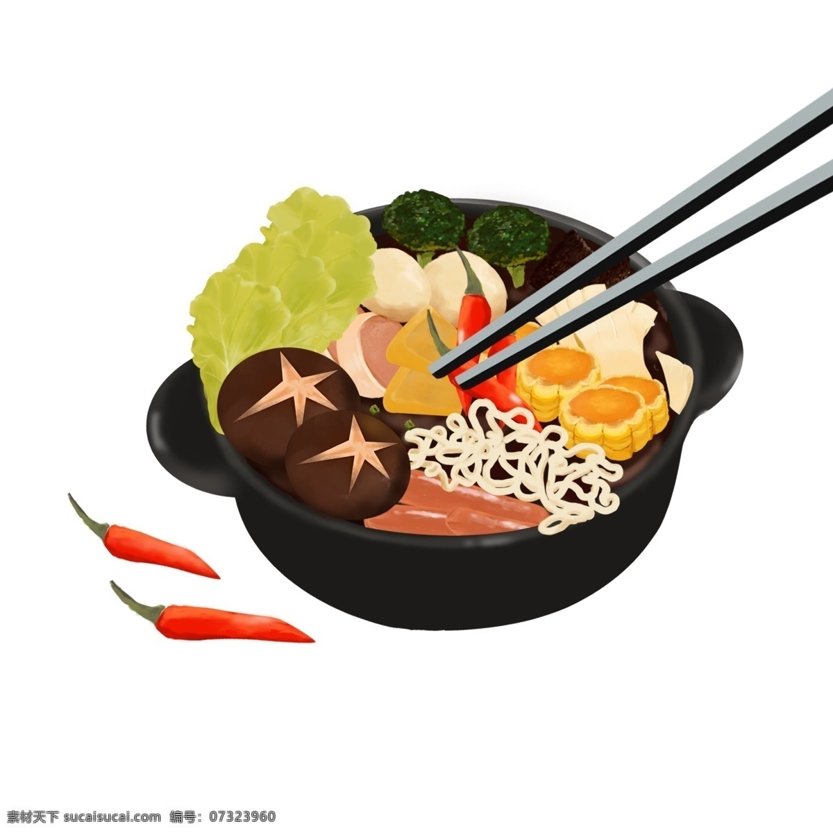 美味 砂锅 海鲜 美食 食物 插画 蘑菇 手绘 海鲜面