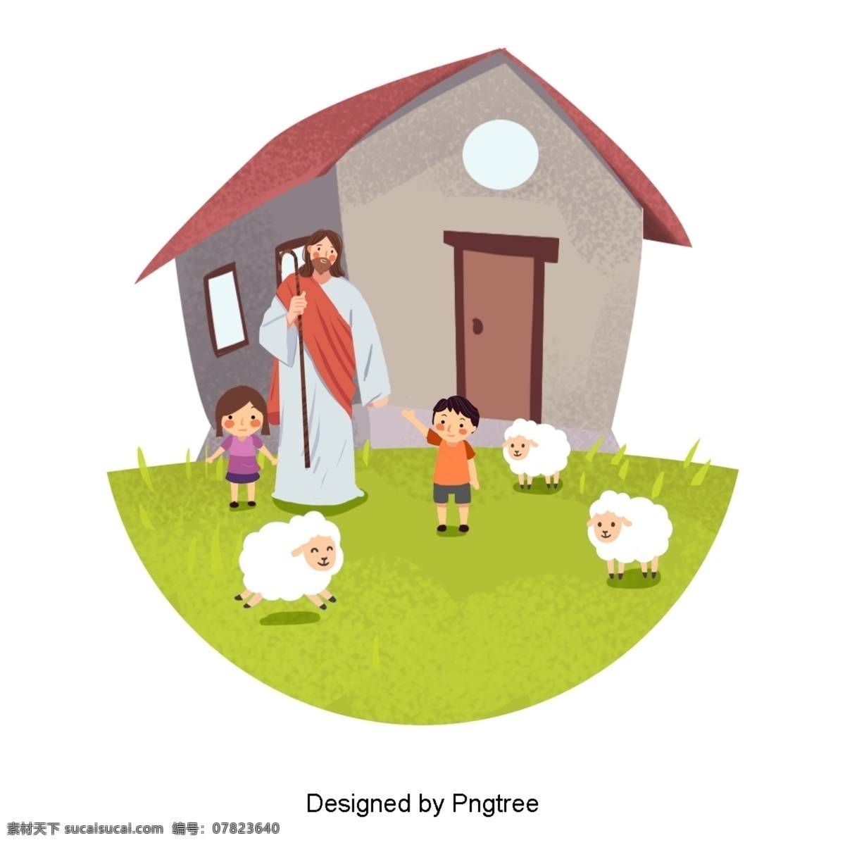 可爱 手绘 耶稣 两个 孩子 养羊 为生 房子 羊 草甸 快乐 刮 插图