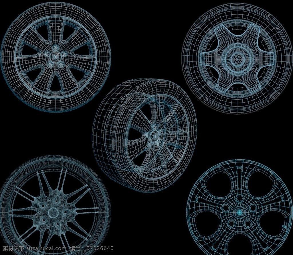 汽车轮胎 透视图 三维透视 三维线框 汽车轮圈 汽车轮毂 分层 源文件