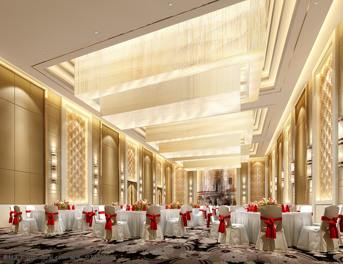 现代 浪漫 酒店 餐 区 红 白 椅子 工装 装修 效果图 深色地板 室内装修 酒店装修 餐区装修 金色墙面