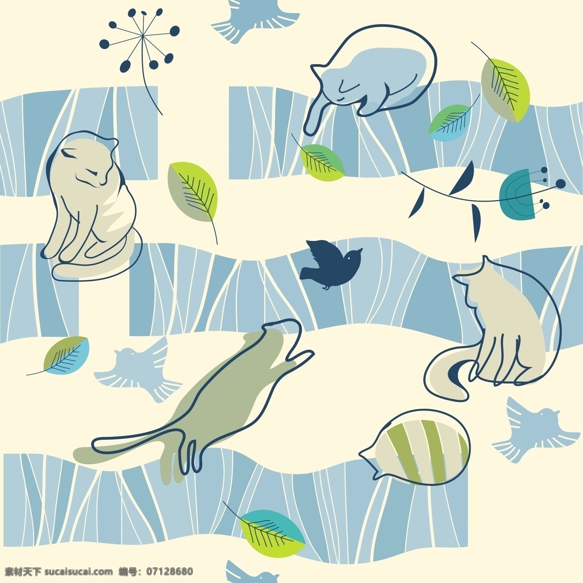 可爱 线条 艺术 猫 图案 矢量 剪影 卡通 角落 illustrator 矢量图 矢量人物