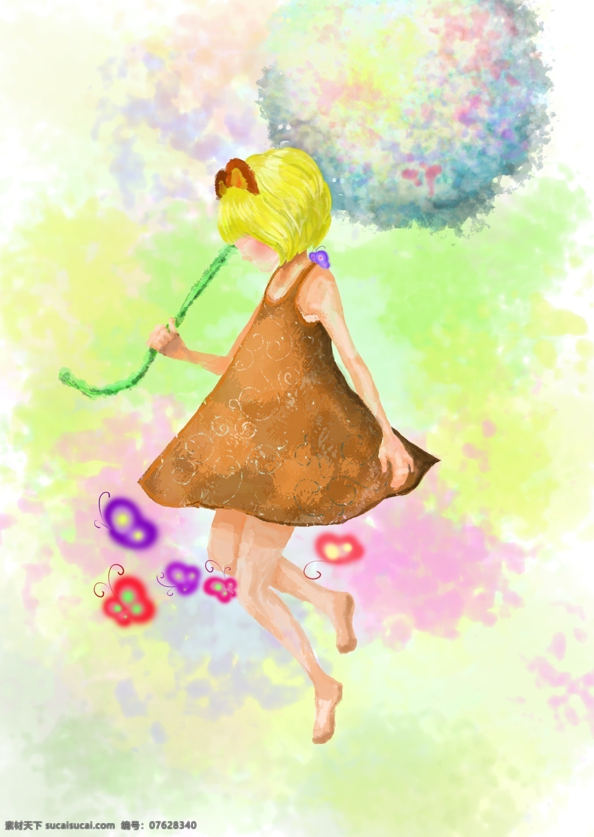 文艺 清新 插画 背景 图 卡通 花 女孩 创意