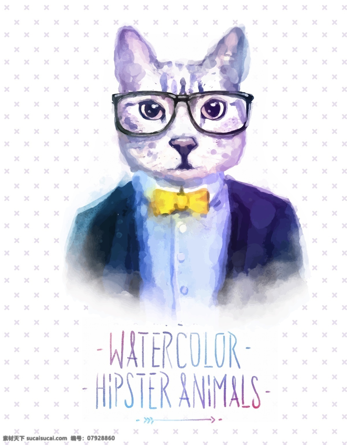 水彩 绘 猫 头 人身 西装 领结 矢量图 格式 矢量 高清图片
