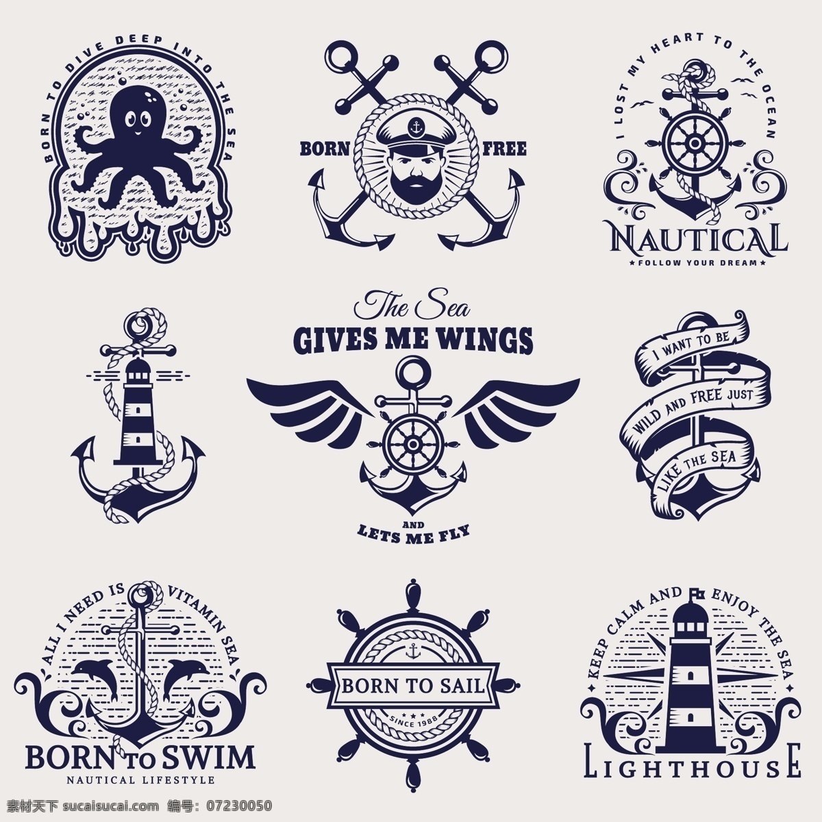 海洋图标 手绘海洋标识 海洋logo 海洋标签 海洋徽章 海洋标识 海洋标志 大海 帆船 船舵 船锚 徽章 标识 手绘海洋