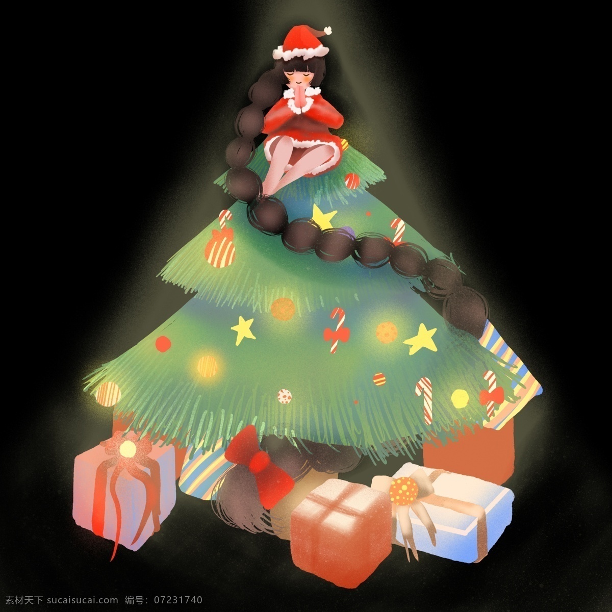 圣诞节 红 绿色 可爱 平面 许愿 女孩 免 扣 圣诞 圣诞夜 红绿色 圣诞树 礼物盒 彩灯 圣诞帽 开心 许愿女孩 免扣