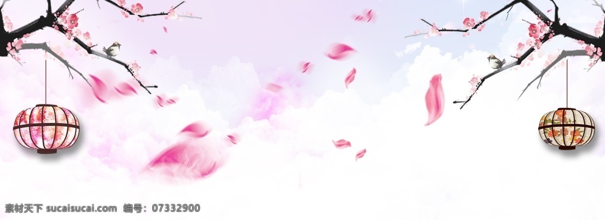 古风 春季 花朵 banner 粉色 云朵 浪漫 花瓣