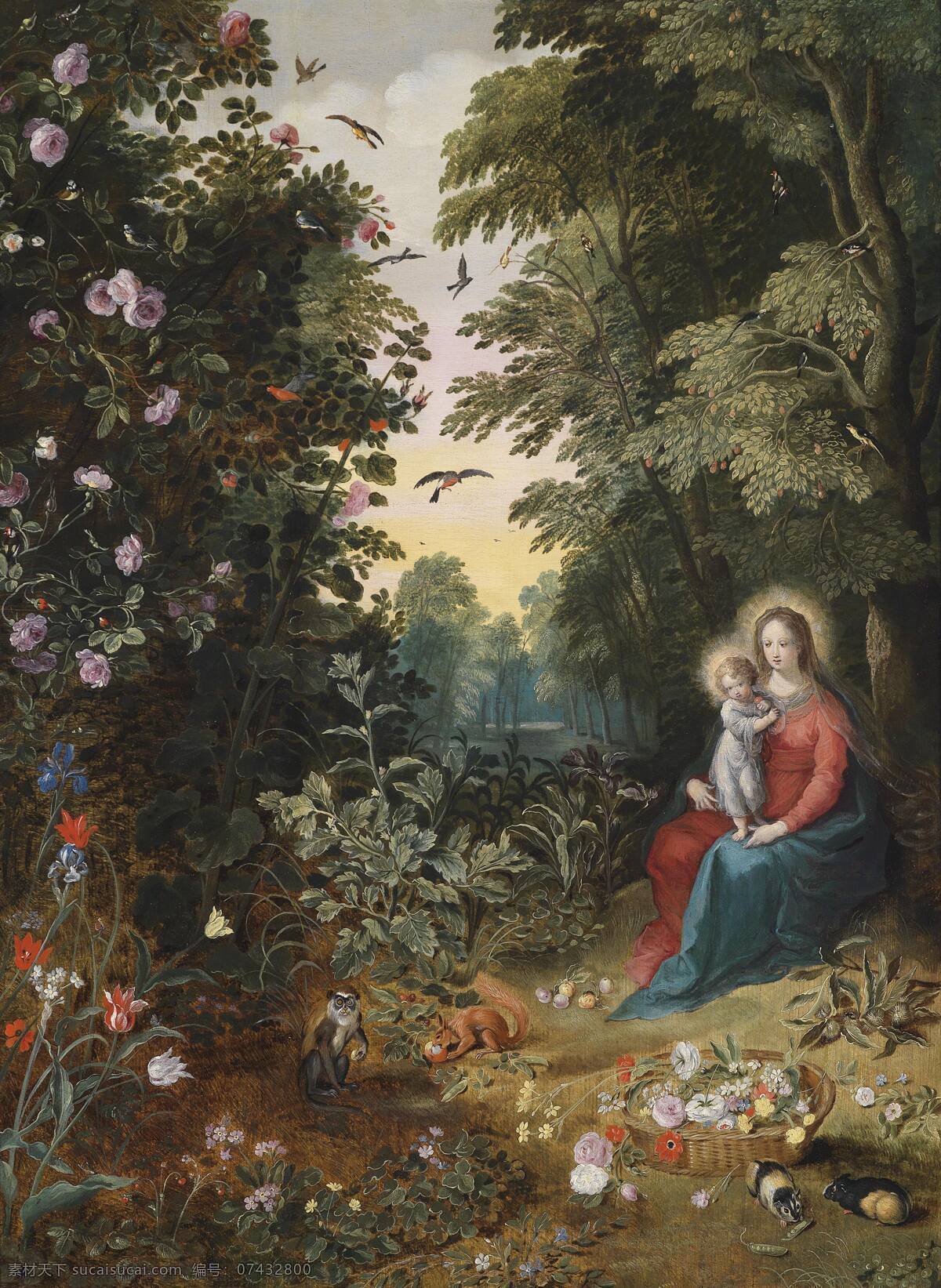 圣母与圣子 伊甸园 圣母玛丽娅 圣婴耶酥 花园 大树 19世纪油画 绘画书法 文化艺术