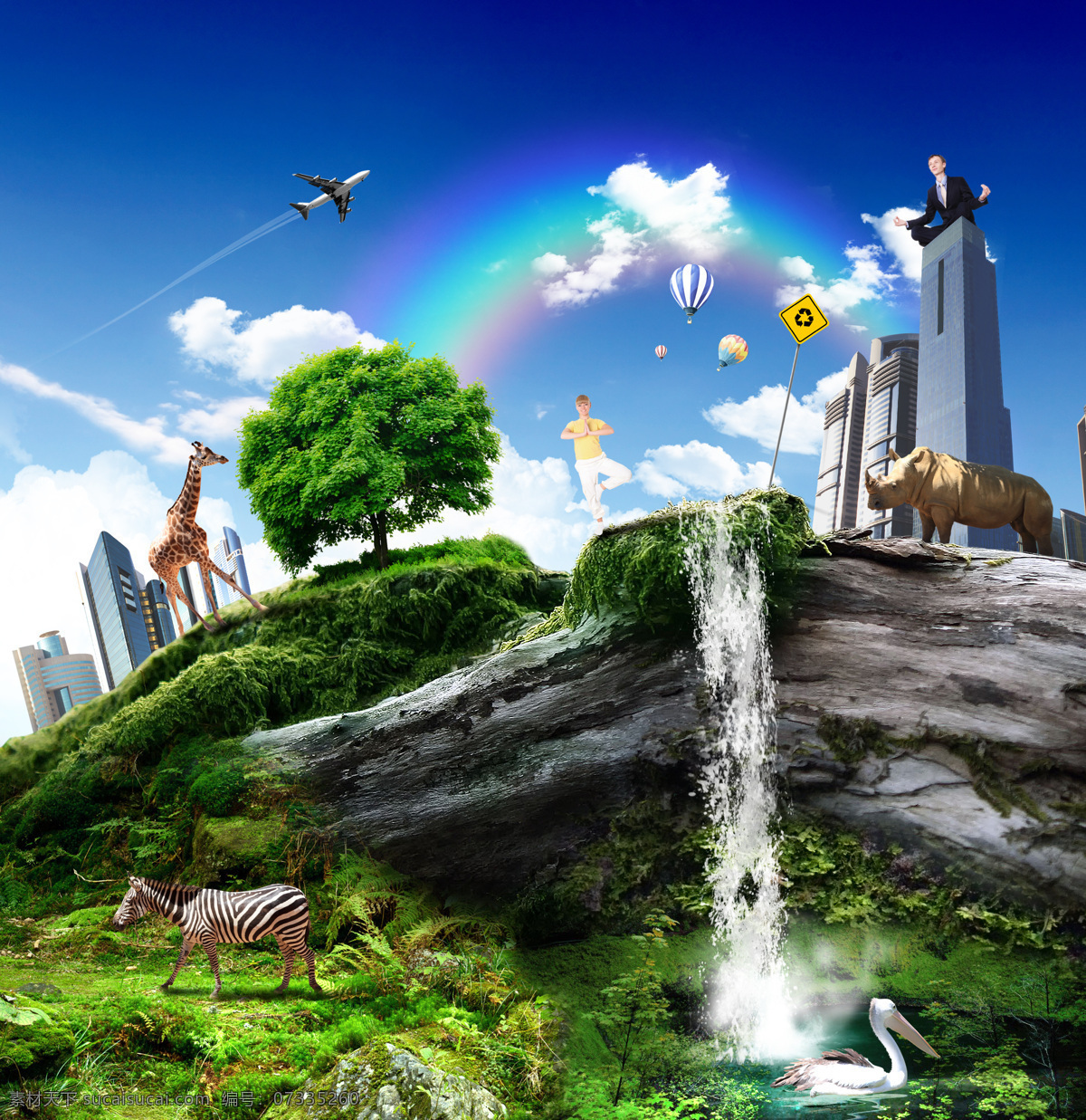 创意 城市 绿色环保 城市环保 高楼大厦 彩虹 瀑布 节能环保 生态环保 树木 植物绿化 蓝天白云 环保图片 风景图片