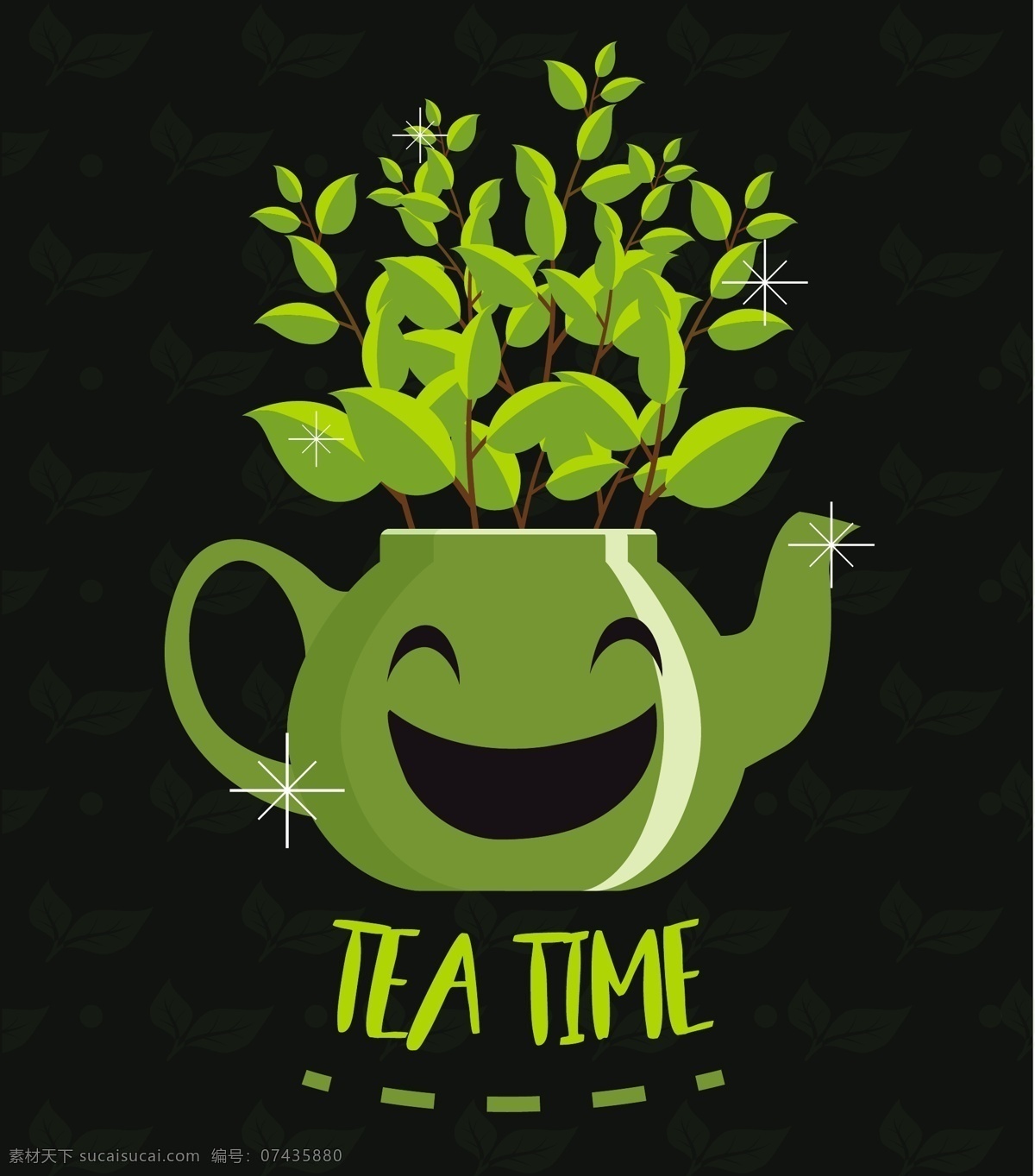 新鲜 茶叶 茶壶 矢量图 广告背景 背景素材 广告 背景 黑色背景 植物 绿色 叶子底纹 背景底纹 可爱 饮料