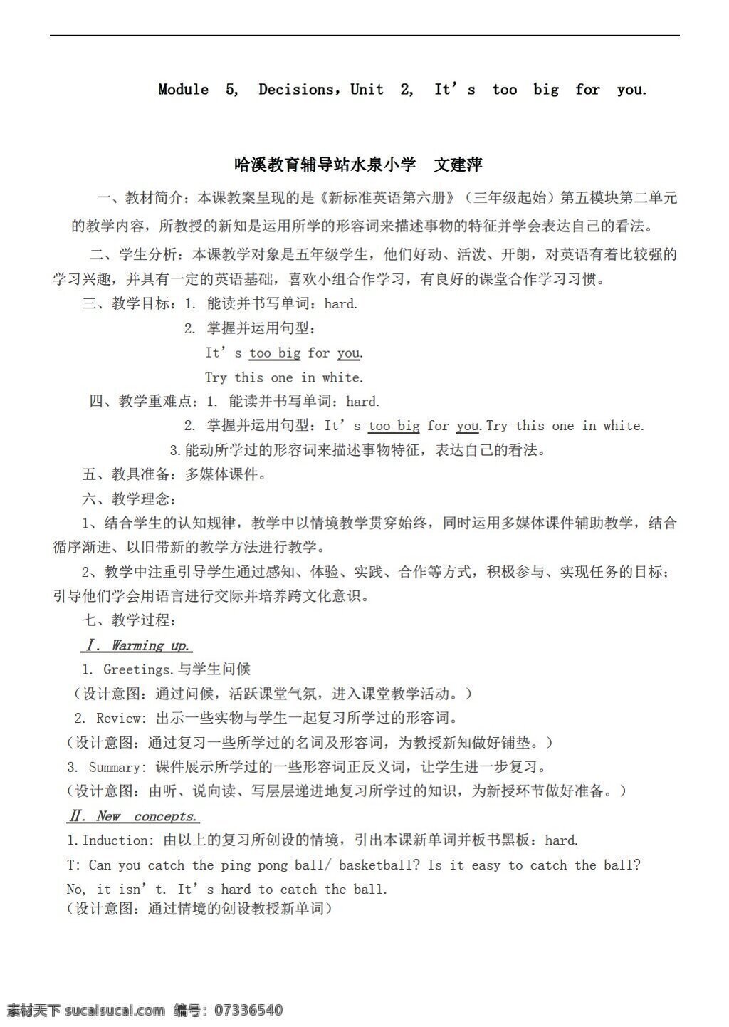 五 年级 下 英语 module decisions unit its too big for you. 外研版 五年级下 教案