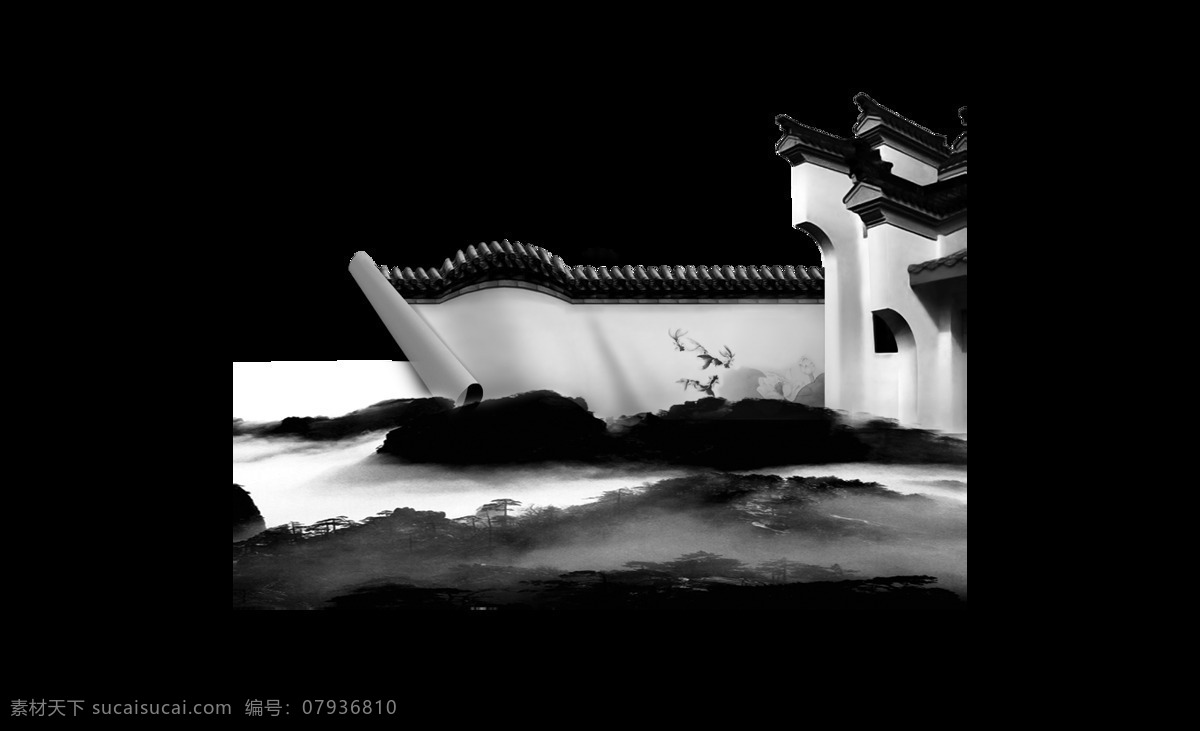 复古 黑色 建筑 元素 免扣 手绘 屋檐