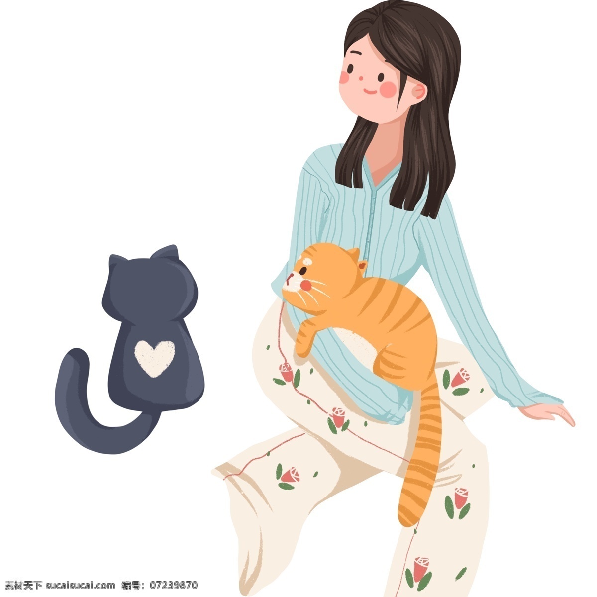 复古 肌理 手绘 撸 猫 女孩 复古肌理 卡通 插画 动物 少女 撸猫 人物