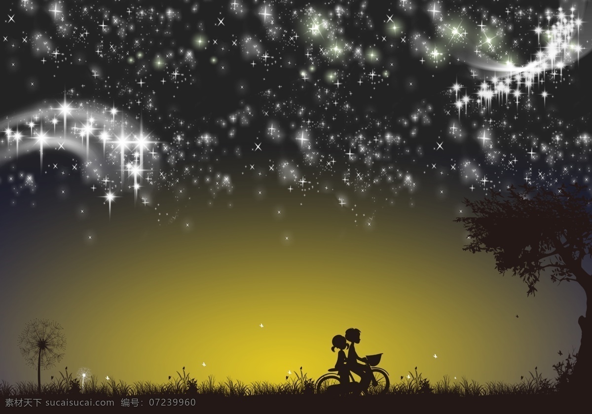 夜空风景 大树 自然风光 矢量图 300pdi 动漫场景 风景漫画 动漫动画 壁画 分层