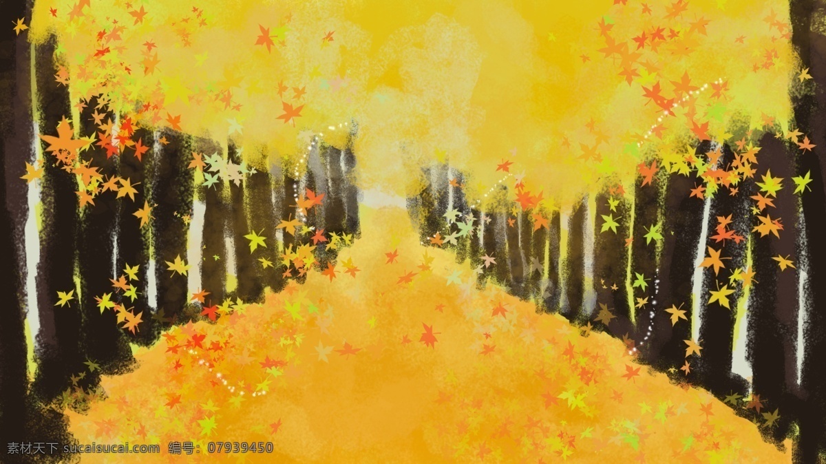 落叶枫叶插画 秋天 落叶 黄色 唯美 季节 复古涂鸦