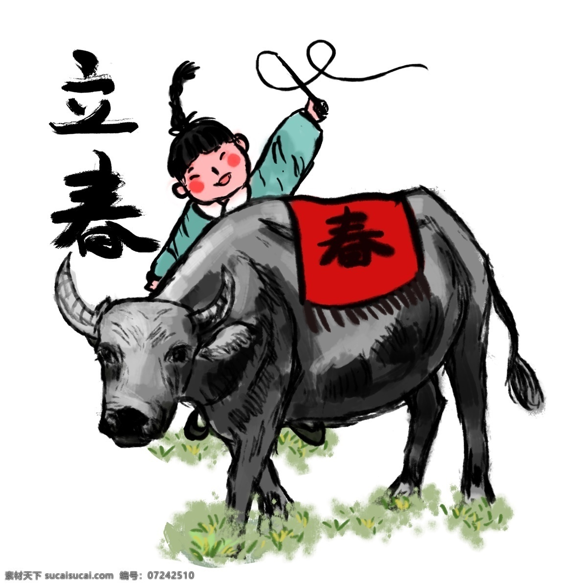 立春 传统节日 春牛 古风 卡通 二十四节气 民间习俗 打春牛 动物 牛 人物 男孩 鞭春牛