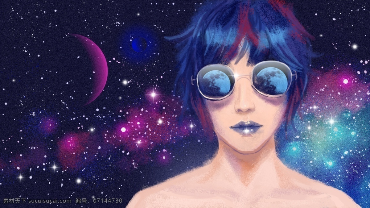 蓝紫色 梦幻 星空 墨镜 少女 眼中 月球 行星 墨镜少女 梦幻少女 浪漫星空