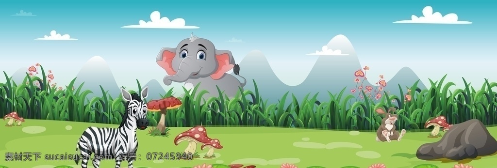 卡通 动物 森林 背景 手绘 矢量图 草原 草丛 花 蓝天 白云 泥巴 插图 环境设计 效果图 斑马 大象 山