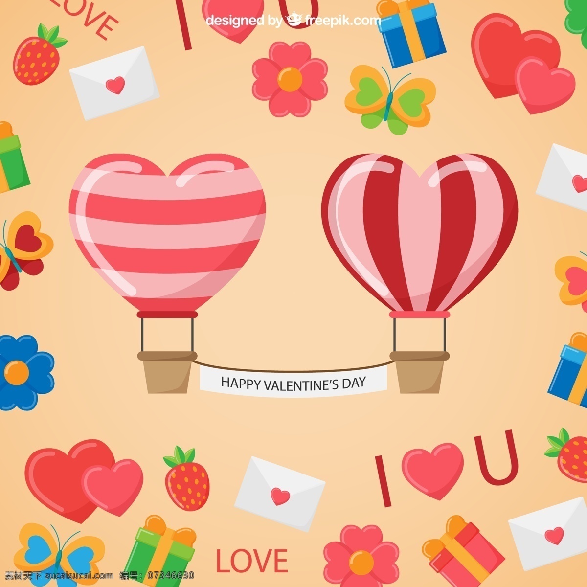 爱心 热气球 贺卡 礼盒 蝴蝶 花卉 情人节 草莓 矢量 高清图片