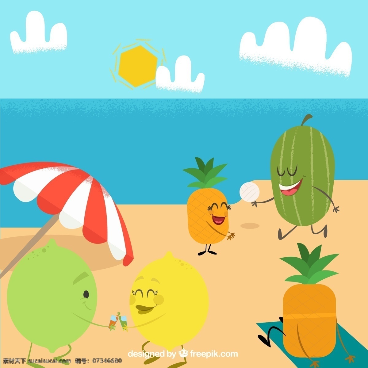 度假 水果 大海 云朵 遮阳伞 菠萝 西瓜 柠檬 矢量 高清图片