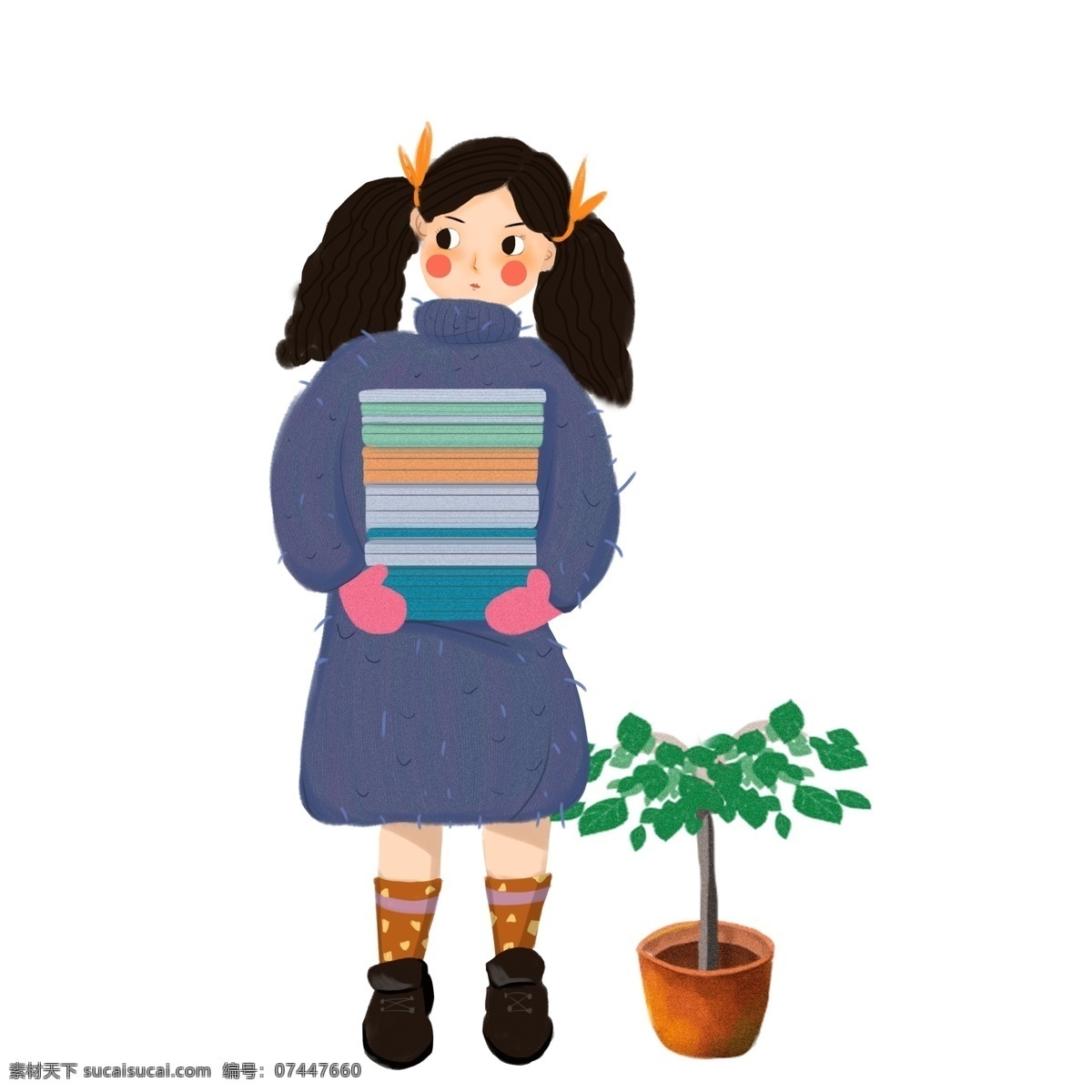 抱 书本 女孩 图案 元素 盆栽 卡通人物 简约 书堆 设计元素 手绘 装饰图案 手绘元素 psd元素 免扣元素